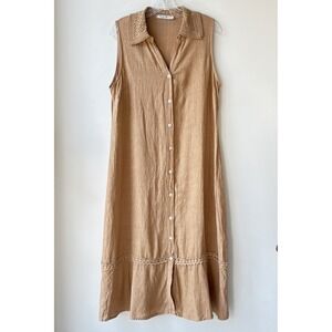 Valentina Naldi Linen Shirt Dress Large Carmel Crochet Italy Lagenlook Boho